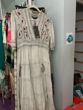 Boho Embroidered Maxi Dress - Gray with Red Accents
